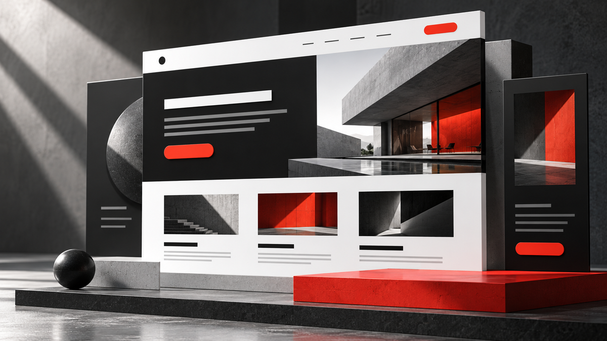 Illustration of a website using clear hierarchy, strong contrast and red action buttons
