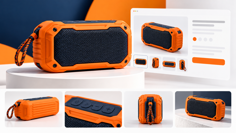 Illustrative orange speaker product listing with multiple detail photographs