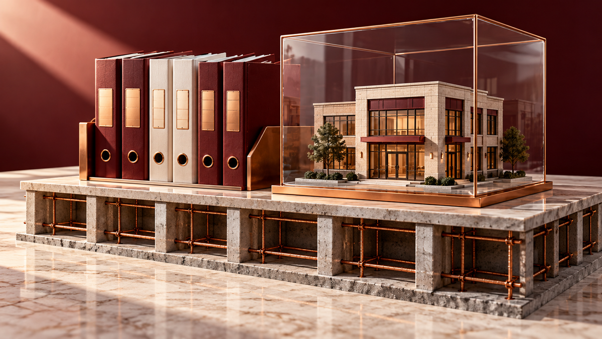 Business planning illustration with organized records and a building on a solid foundation