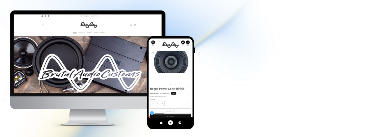 Brutal Audio Customs website shown on desktop and mobile