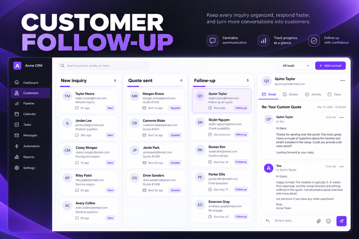 Illustrative customer pipeline with inquiry, quote and follow-up stages