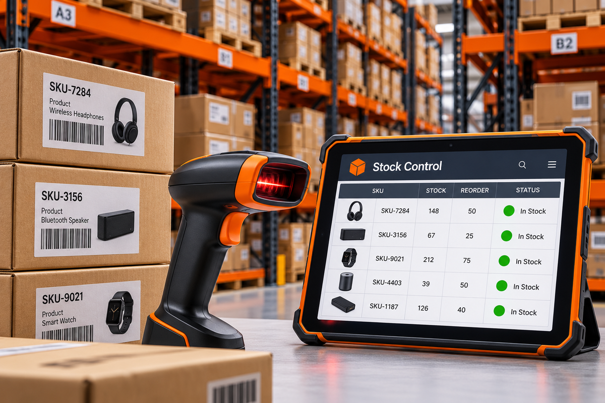 Illustrative barcode scanner, stock cartons and inventory system
